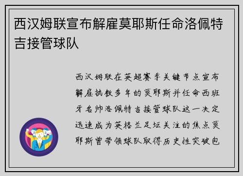 西汉姆联宣布解雇莫耶斯任命洛佩特吉接管球队 西汉姆联宣布解雇莫耶斯任命洛佩特吉接管球队
