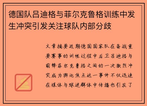 德国队吕迪格与菲尔克鲁格训练中发生冲突引发关注球队内部分歧